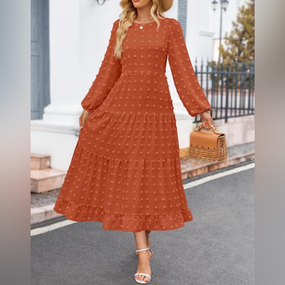 Long Sleeve Swiss Dot Rust Dress